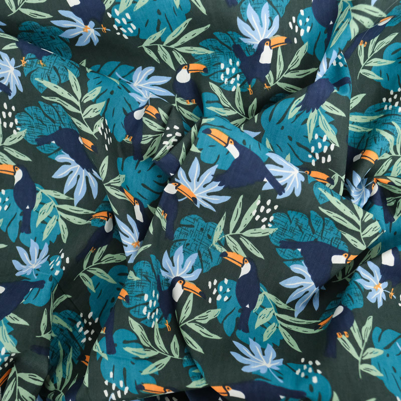 Dark Green Tropical Blue Printed Poplin - Maison Klem